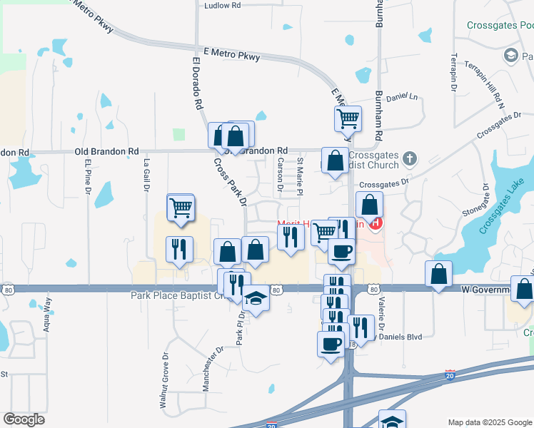 map of restaurants, bars, coffee shops, grocery stores, and more near 440 Cross Park Drive in Pearl