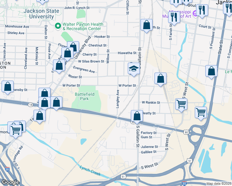 map of restaurants, bars, coffee shops, grocery stores, and more near 1129 Langley Avenue in Jackson