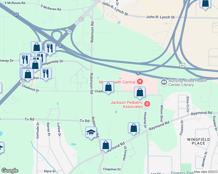 map of restaurants, bars, coffee shops, grocery stores, and more near 1900 Chadwick Drive in Jackson