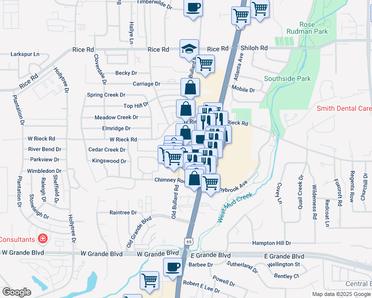 map of restaurants, bars, coffee shops, grocery stores, and more near 5701 South Broadway Avenue in Tyler