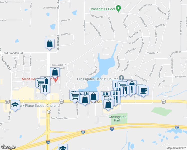 map of restaurants, bars, coffee shops, grocery stores, and more near 24 Stonegate Drive in Brandon