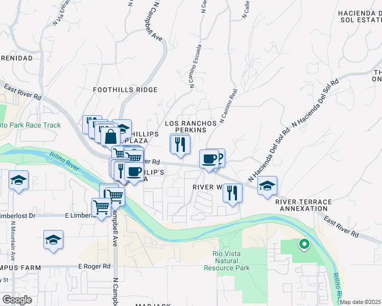 map of restaurants, bars, coffee shops, grocery stores, and more near 2389 East River Road in Tucson