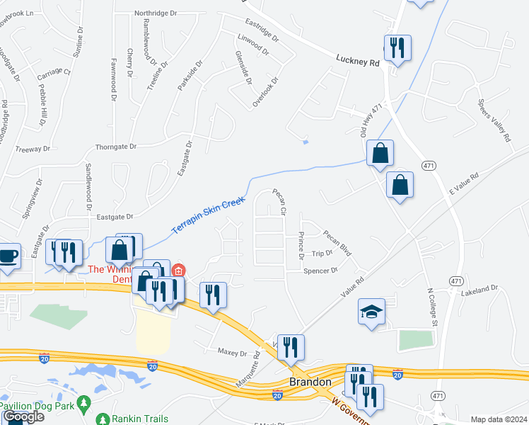 map of restaurants, bars, coffee shops, grocery stores, and more near 701 Pecan Court in Brandon