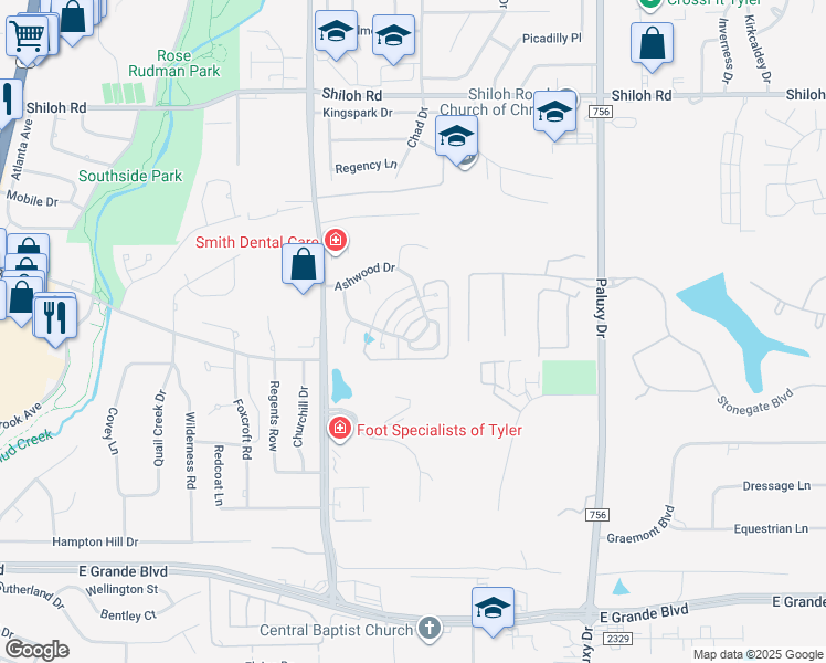 map of restaurants, bars, coffee shops, grocery stores, and more near 1108 Oak Garden Circle in Tyler