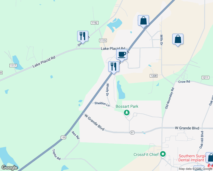 map of restaurants, bars, coffee shops, grocery stores, and more near 13303 Texas 155 in Tyler