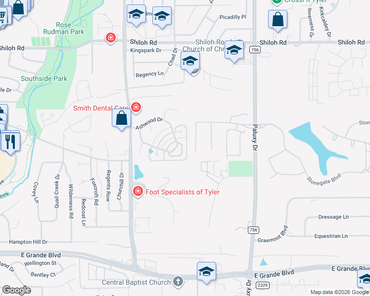 map of restaurants, bars, coffee shops, grocery stores, and more near 1161 Garden Park Circle in Tyler