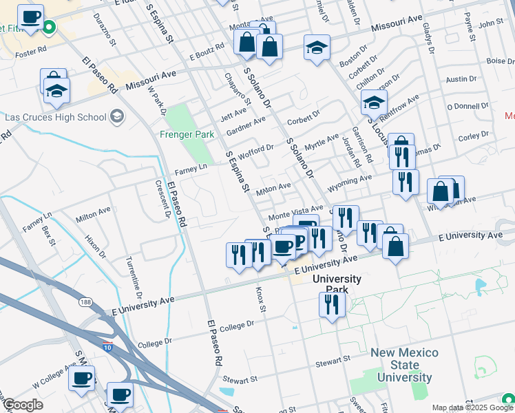 map of restaurants, bars, coffee shops, grocery stores, and more near 2215 South Espina Street in Las Cruces