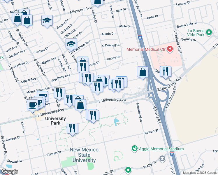 map of restaurants, bars, coffee shops, grocery stores, and more near 2398 Wisconsin Avenue in Las Cruces