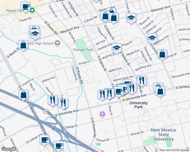 map of restaurants, bars, coffee shops, grocery stores, and more near 2071 Cotton Avenue in Las Cruces