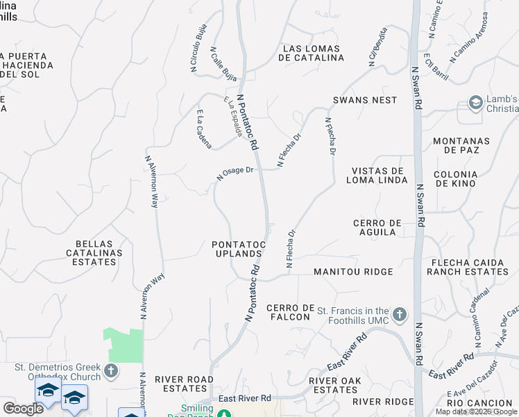 map of restaurants, bars, coffee shops, grocery stores, and more near 4425 North Pontatoc Road in Tucson