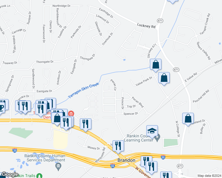 map of restaurants, bars, coffee shops, grocery stores, and more near 700 Pecan Court in Brandon