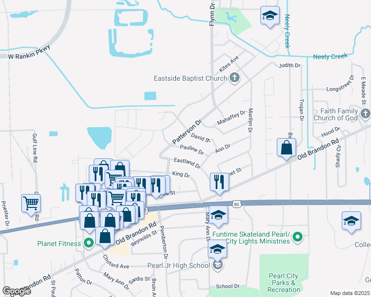 map of restaurants, bars, coffee shops, grocery stores, and more near 3247 Pauline Dr in Pearl