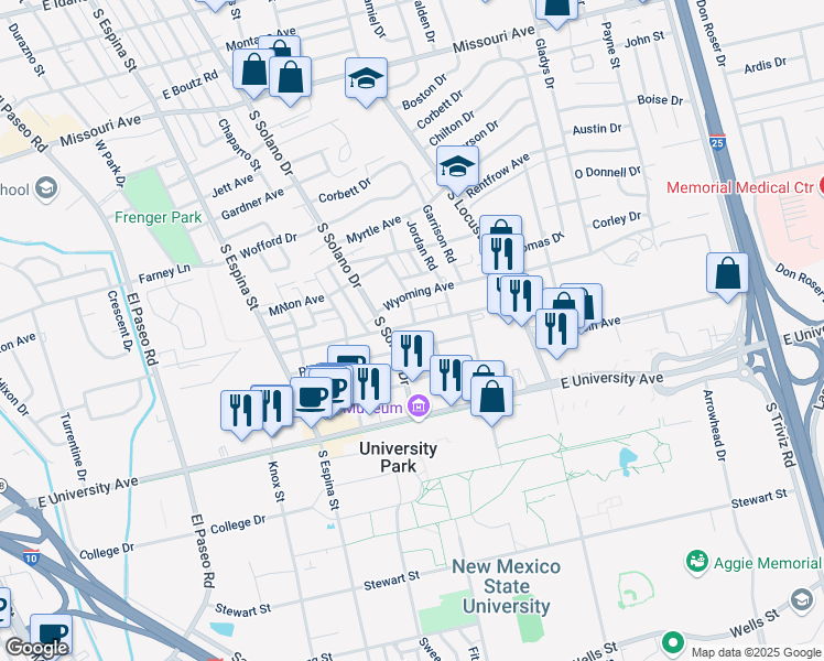 map of restaurants, bars, coffee shops, grocery stores, and more near 2405 South Solano Drive in Las Cruces