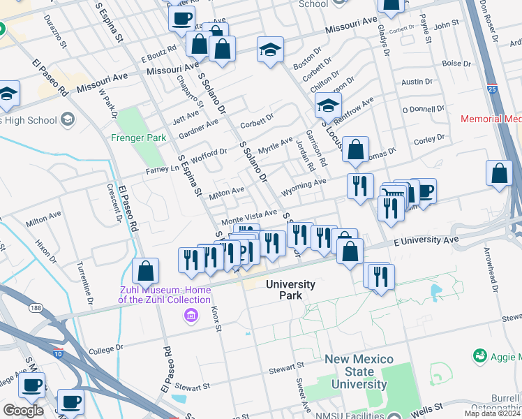 map of restaurants, bars, coffee shops, grocery stores, and more near 1205 Monte Vista Avenue in Las Cruces