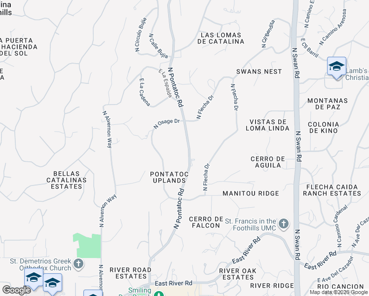 map of restaurants, bars, coffee shops, grocery stores, and more near 4425 North Pontatoc Road in Tucson