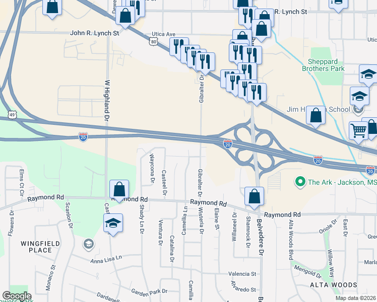 map of restaurants, bars, coffee shops, grocery stores, and more near 2716 Gene Drive in Jackson