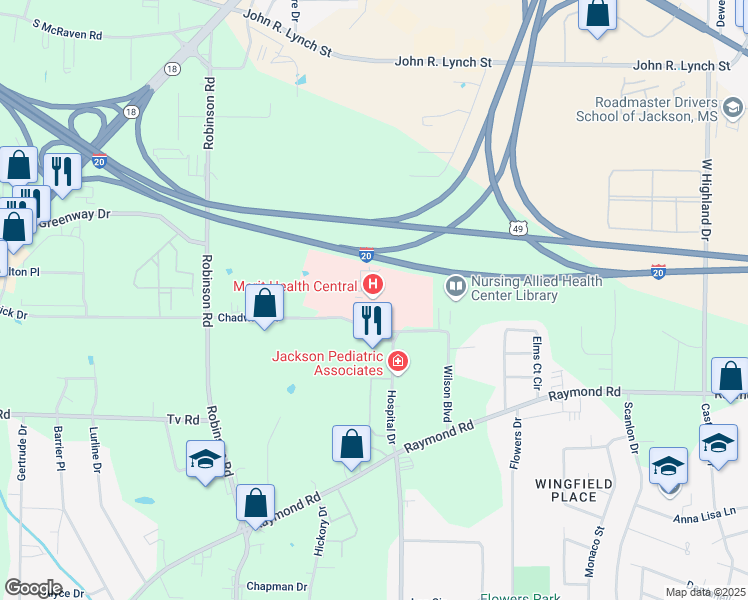 map of restaurants, bars, coffee shops, grocery stores, and more near 1850 Chadwick Drive in Jackson
