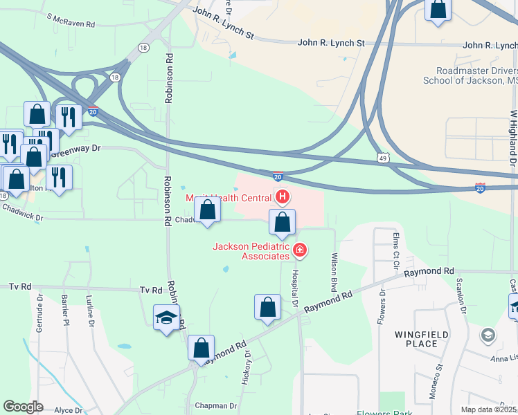 map of restaurants, bars, coffee shops, grocery stores, and more near 1860 Chadwick Dr in Jackson