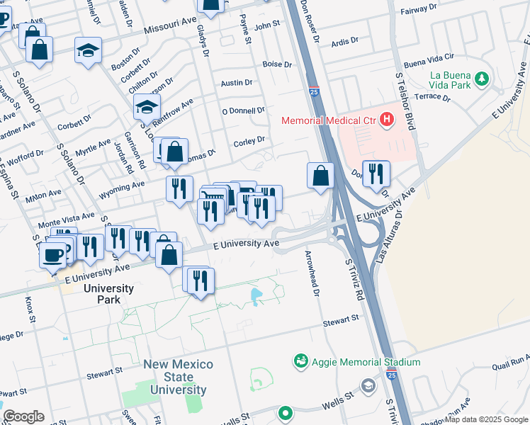 map of restaurants, bars, coffee shops, grocery stores, and more near 2050 Wisconsin Avenue in Las Cruces