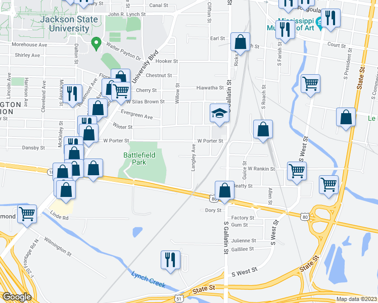 map of restaurants, bars, coffee shops, grocery stores, and more near 1129 Langley Avenue in Jackson