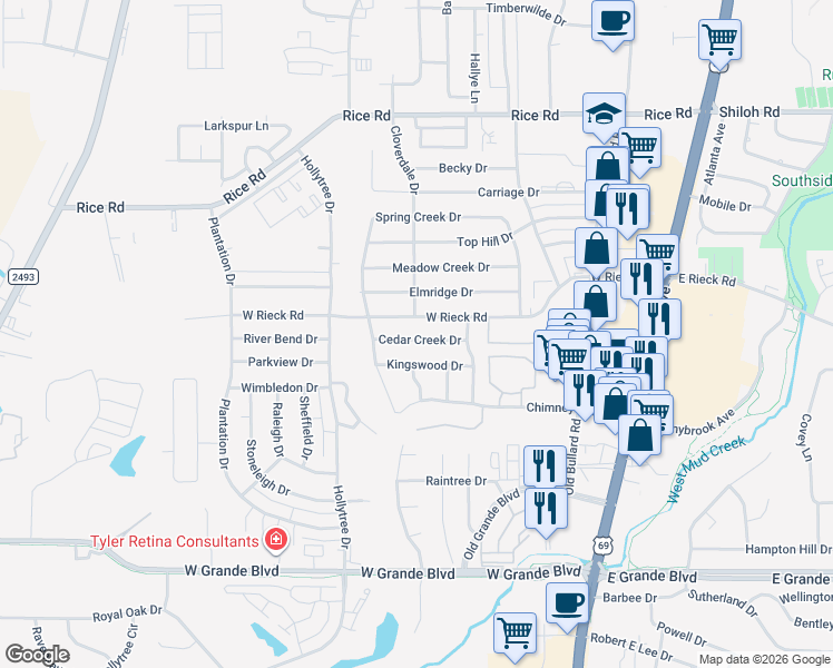 map of restaurants, bars, coffee shops, grocery stores, and more near 717 Cedar Creek Drive in Tyler