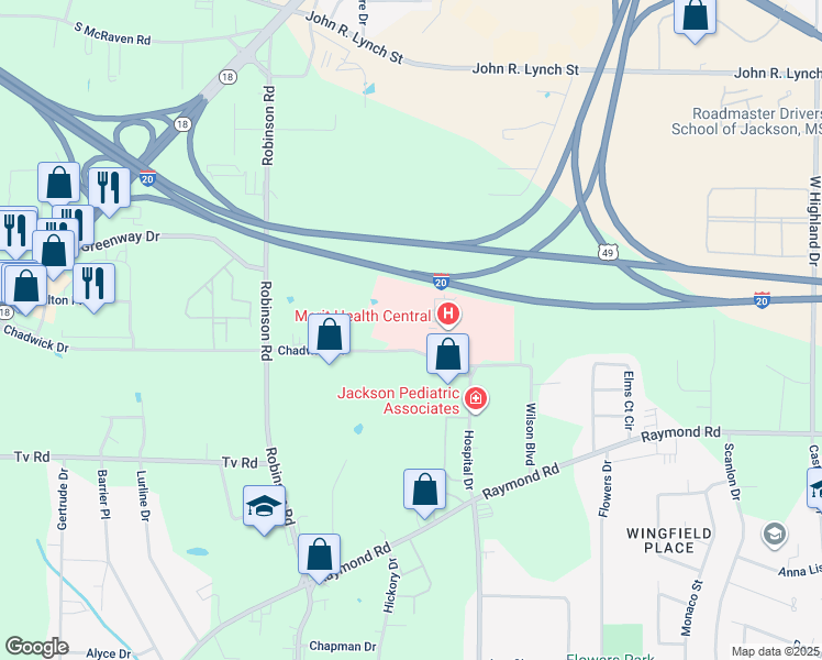 map of restaurants, bars, coffee shops, grocery stores, and more near 1860 Chadwick Drive in Jackson