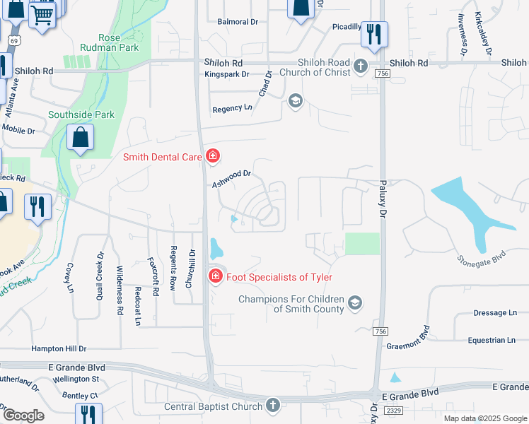 map of restaurants, bars, coffee shops, grocery stores, and more near 1108 Oak Garden Circle in Tyler