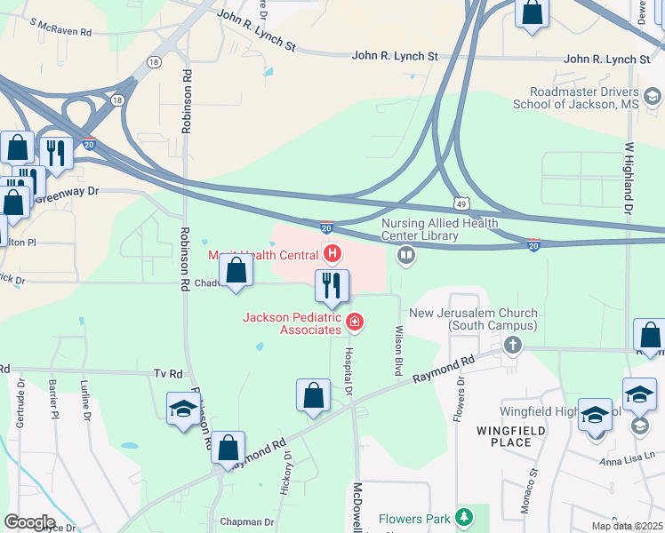map of restaurants, bars, coffee shops, grocery stores, and more near 1850 Chadwick Drive in Jackson