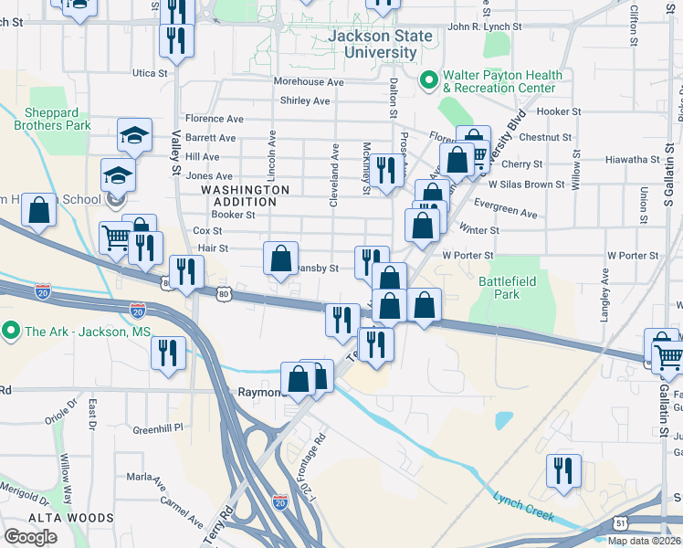map of restaurants, bars, coffee shops, grocery stores, and more near 1337 Dansby Street in Jackson