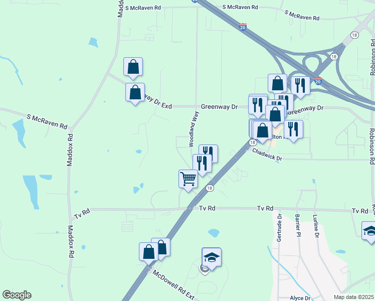 map of restaurants, bars, coffee shops, grocery stores, and more near 2119 Woodland Way in Jackson