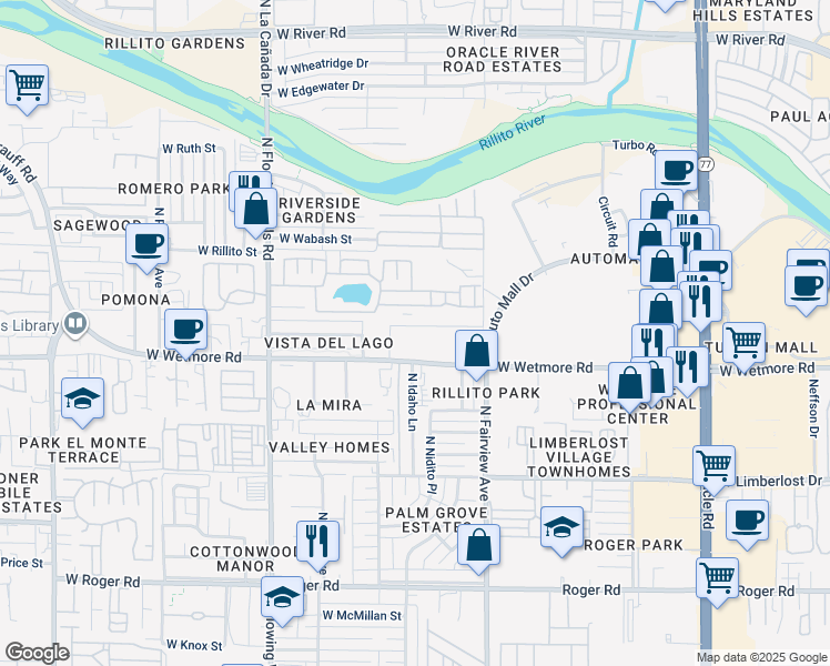 map of restaurants, bars, coffee shops, grocery stores, and more near 1031 West Schafer Drive in Tucson