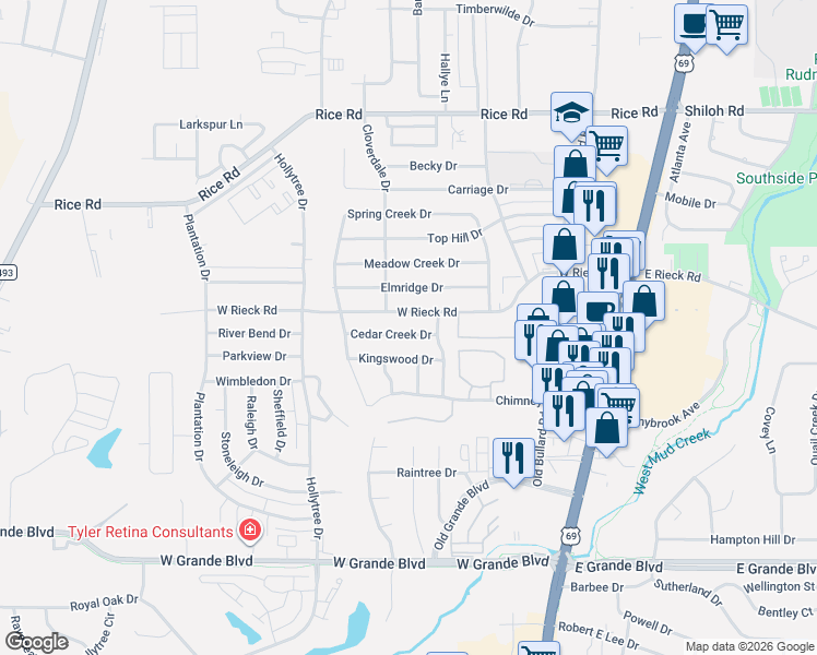 map of restaurants, bars, coffee shops, grocery stores, and more near 611 Cedar Creek Drive in Tyler