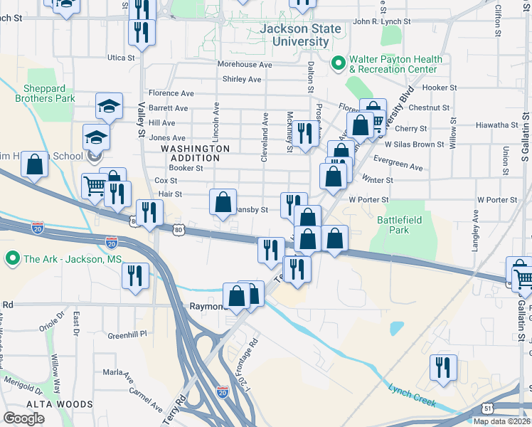 map of restaurants, bars, coffee shops, grocery stores, and more near 1337 Dansby Street in Jackson