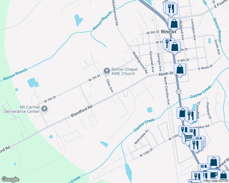 map of restaurants, bars, coffee shops, grocery stores, and more near 520 West 9th Street in Rincon