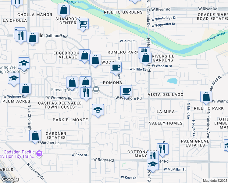 map of restaurants, bars, coffee shops, grocery stores, and more near 4430 North Obetka Avenue in Tucson