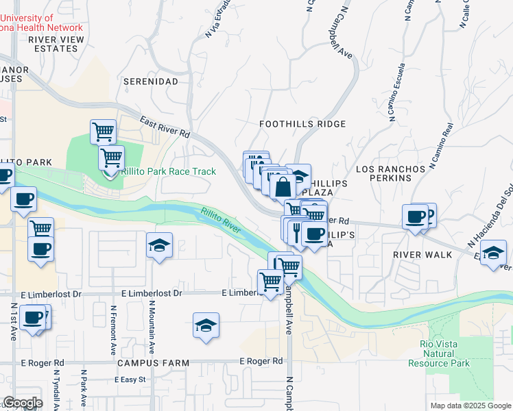 map of restaurants, bars, coffee shops, grocery stores, and more near in Tucson