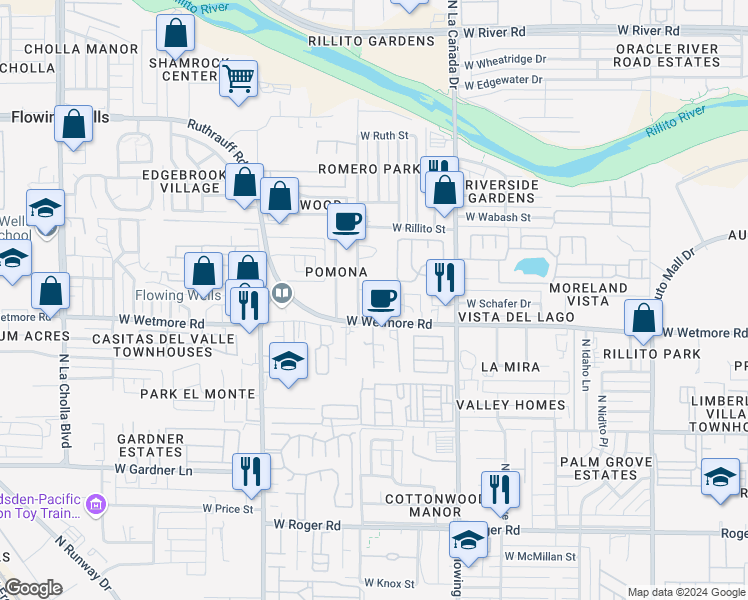 map of restaurants, bars, coffee shops, grocery stores, and more near 1540 West Wetmore Road in Tucson