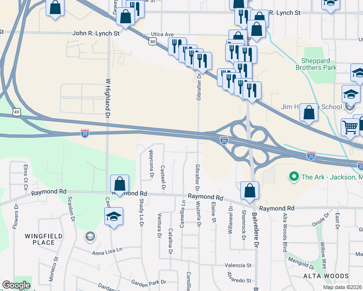 map of restaurants, bars, coffee shops, grocery stores, and more near 2716 Gene Drive in Jackson