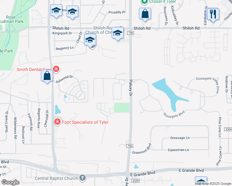 map of restaurants, bars, coffee shops, grocery stores, and more near 1857 Stonecrest Boulevard in Tyler