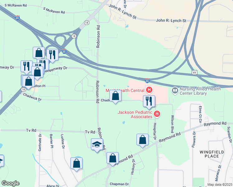 map of restaurants, bars, coffee shops, grocery stores, and more near 1900 Chadwick Drive in Jackson
