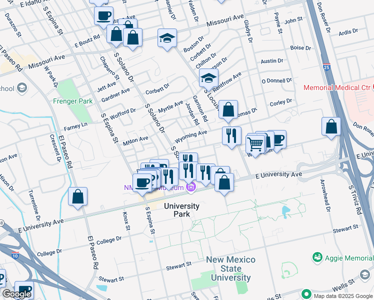 map of restaurants, bars, coffee shops, grocery stores, and more near 2405 South Solano Drive in Las Cruces