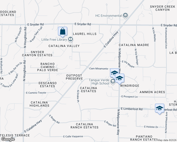 map of restaurants, bars, coffee shops, grocery stores, and more near 10880 Camino Miramonte in Tucson