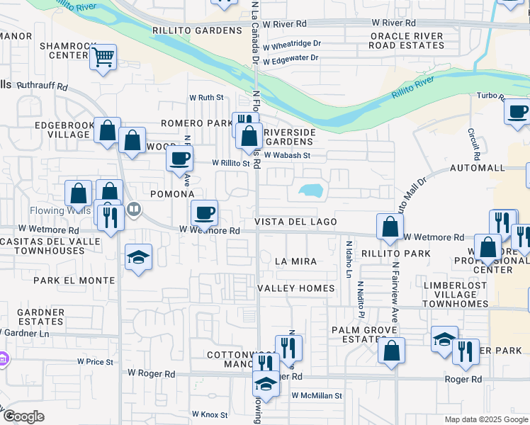 map of restaurants, bars, coffee shops, grocery stores, and more near 1319 West Schafer Drive in Tucson