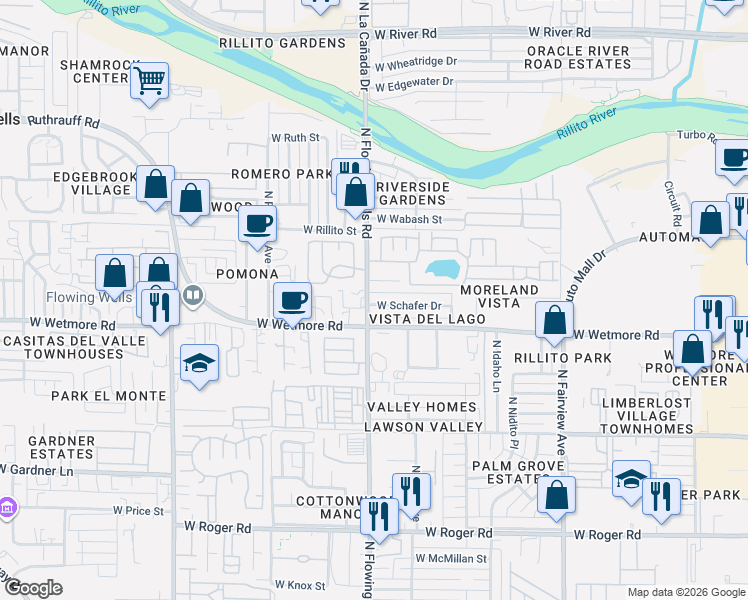 map of restaurants, bars, coffee shops, grocery stores, and more near 4415 North Flowing Wells Road in Tucson