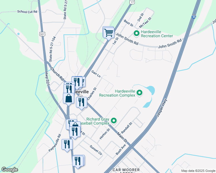 map of restaurants, bars, coffee shops, grocery stores, and more near Branchwood Cir in Hardeeville