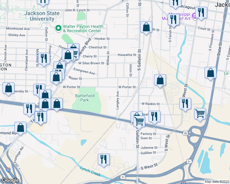 map of restaurants, bars, coffee shops, grocery stores, and more near 1129 Langley Avenue in Jackson