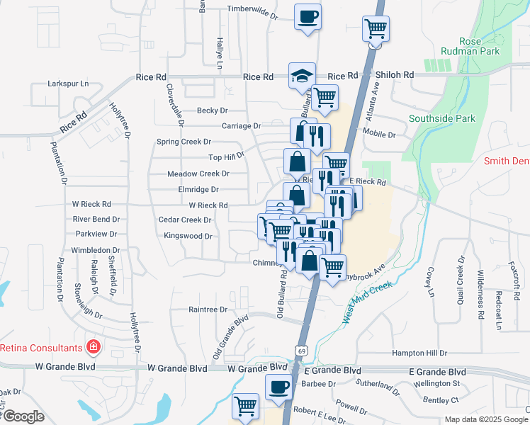 map of restaurants, bars, coffee shops, grocery stores, and more near 5621 Old Bullard Road in Tyler