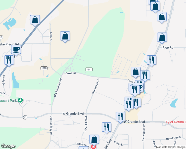 map of restaurants, bars, coffee shops, grocery stores, and more near 2600-2780 County Road 159 in Tyler