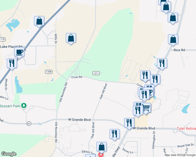 map of restaurants, bars, coffee shops, grocery stores, and more near 2600-2780 County Road 159 in Tyler