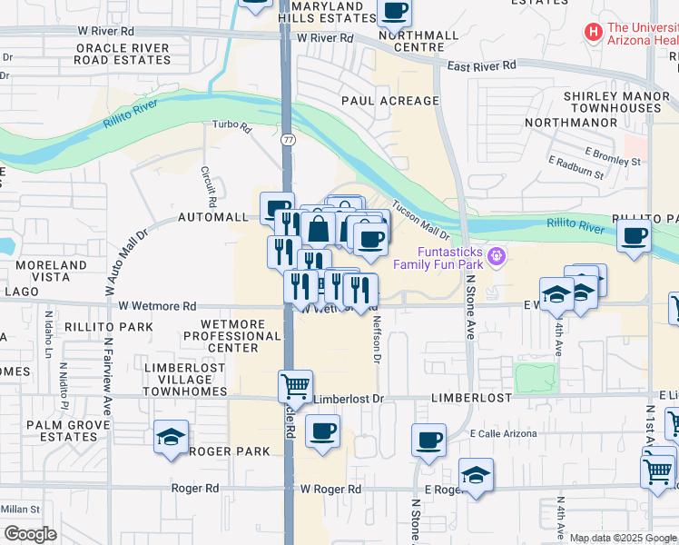 map of restaurants, bars, coffee shops, grocery stores, and more near West Auto Mall Drive in Tucson